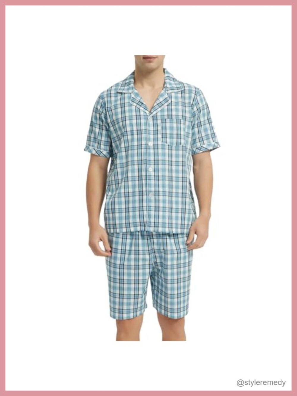 Men's Cotton Plaid Pajama Set Short Sleeve Lightweight Sleepwear Two-Piece